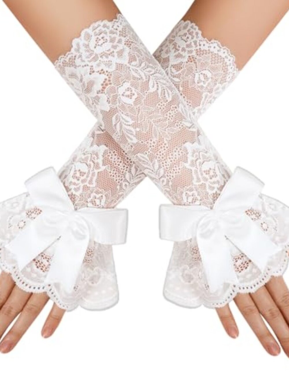 New -  Women Ruffle Bow Lace Gloves Fingerless Mid Elbow‎ Sleeve Costume Wedding